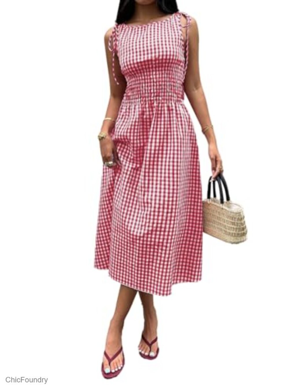 Gingham Maxi Dress Smocked Waist Flowy Beach Vacation Dress